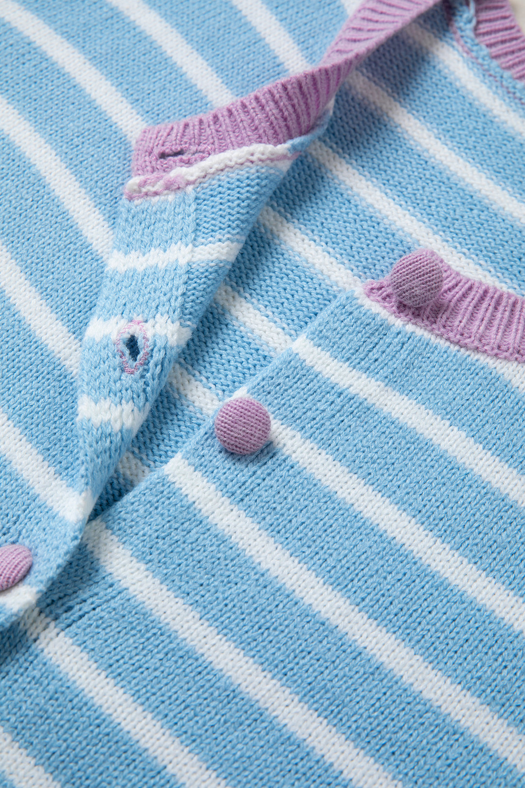 Sky Blue Stripe Contrast Trim Button Down Casual Sweater Cardigan