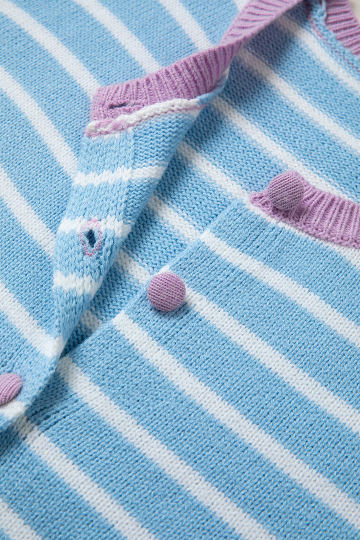 Sky Blue Stripe Contrast Trim Button Down Casual Sweater Cardigan