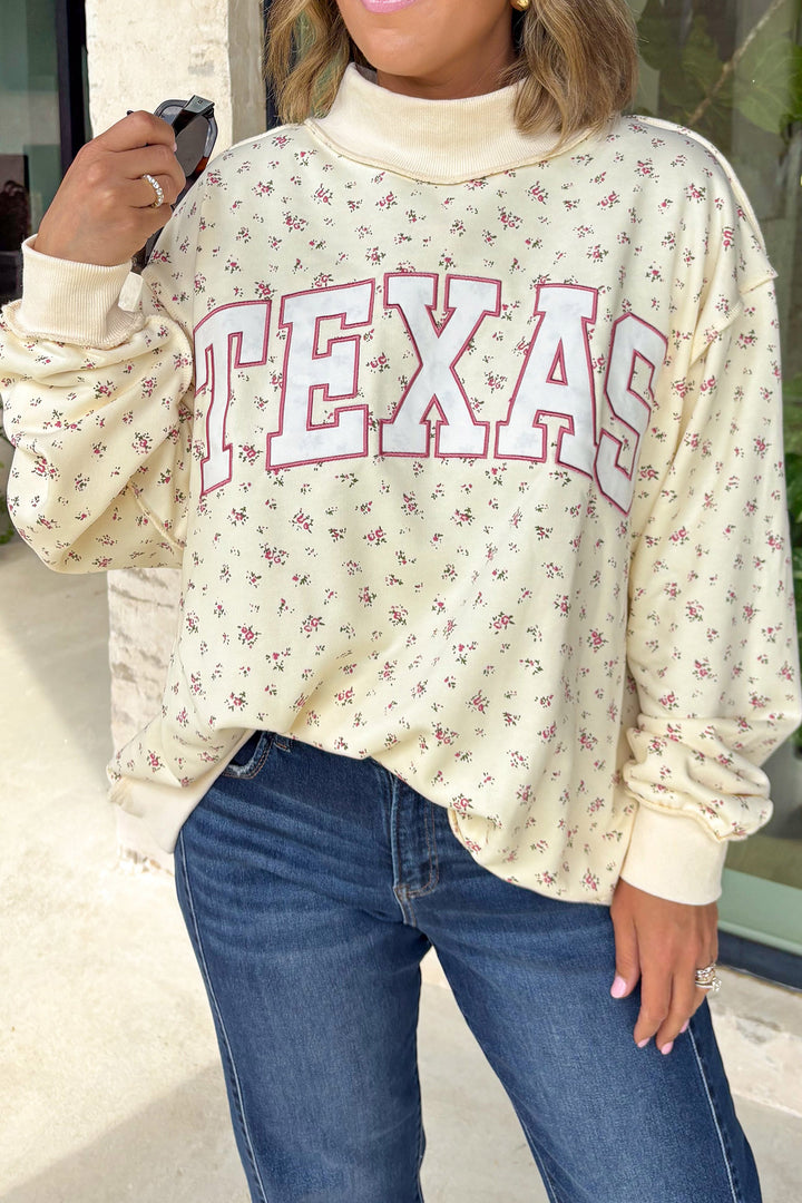 Beige Floral Print Stand Neck Long Sleeve Slogan Sweatshirt