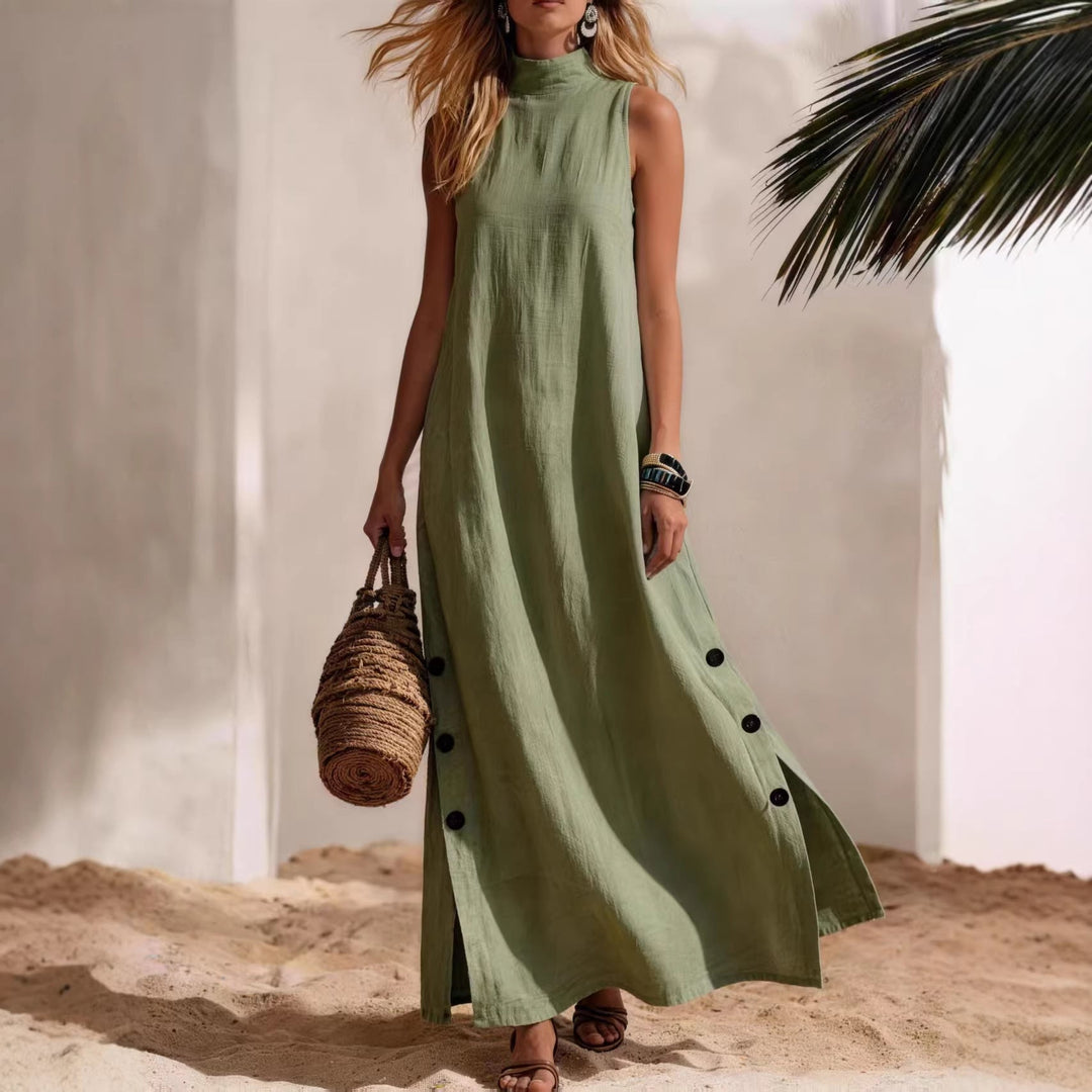 Cotton Linen Sleeveless Midi Dress – Side Slits &amp; Loose Fit