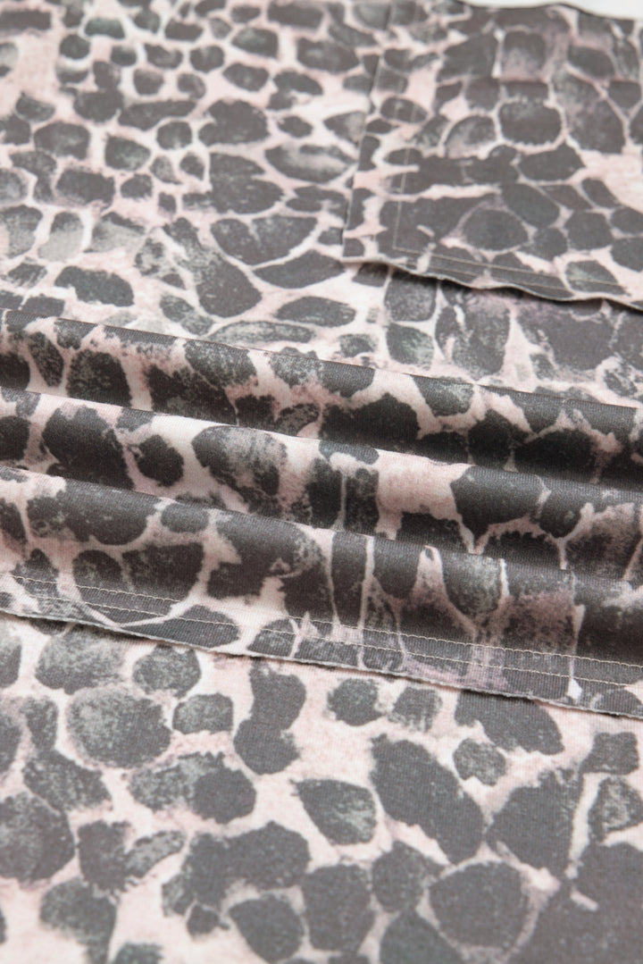 Khaki Plus Size Leopard Print Raw Edge Patch Pocket Drawstring Loose Pants