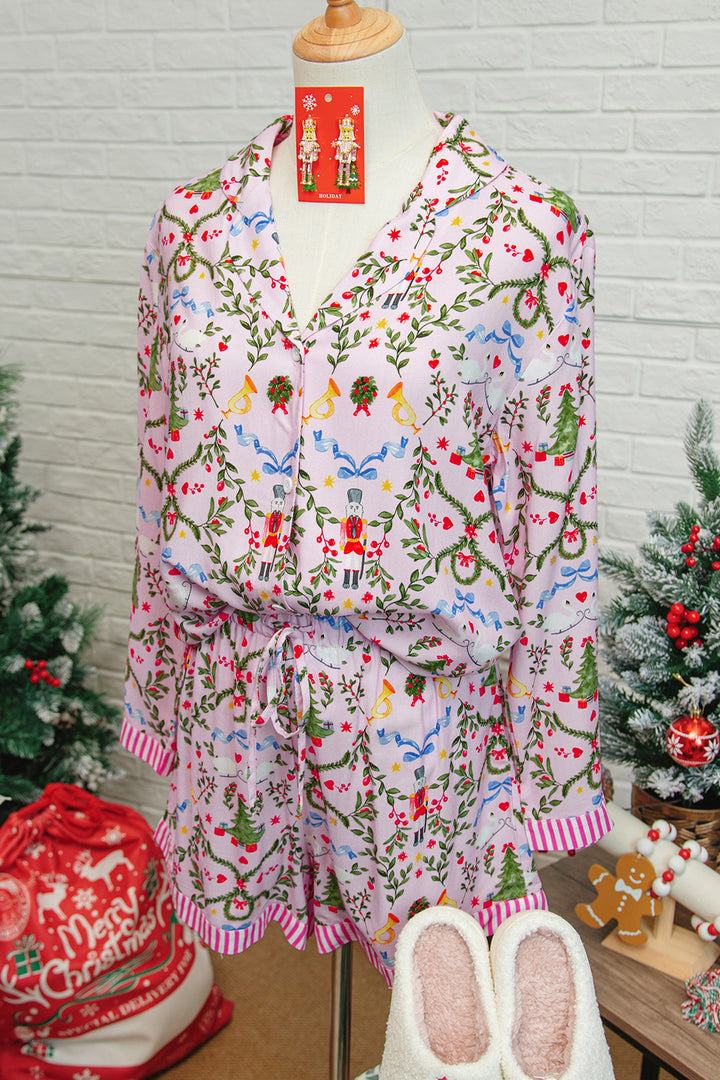 Pink Christmas Holiday Print Nutcracker Long Sleeve Shorts 2pcs Pajama Set