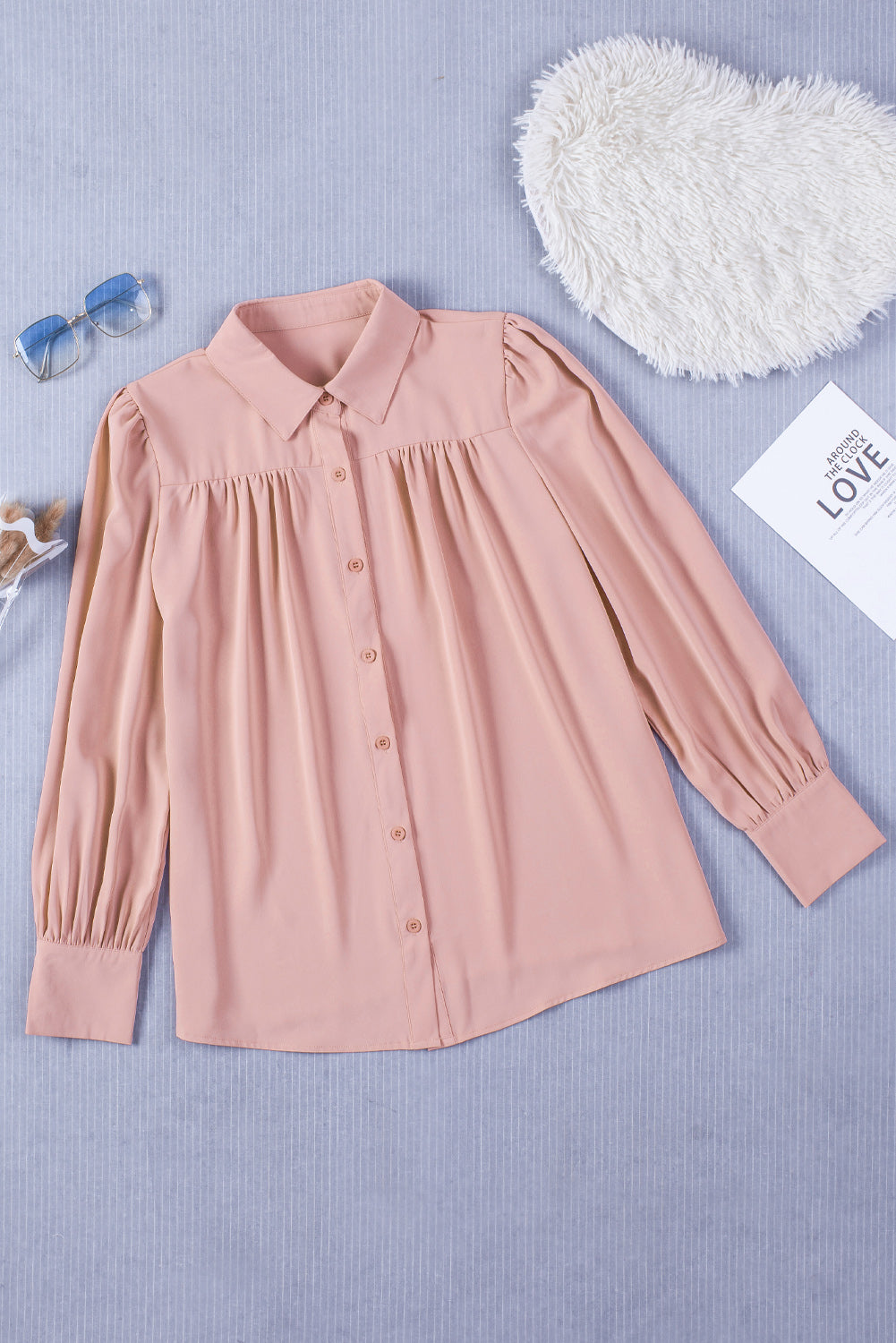 Pink Solid Button-up Loose Long Sleeve Shirt