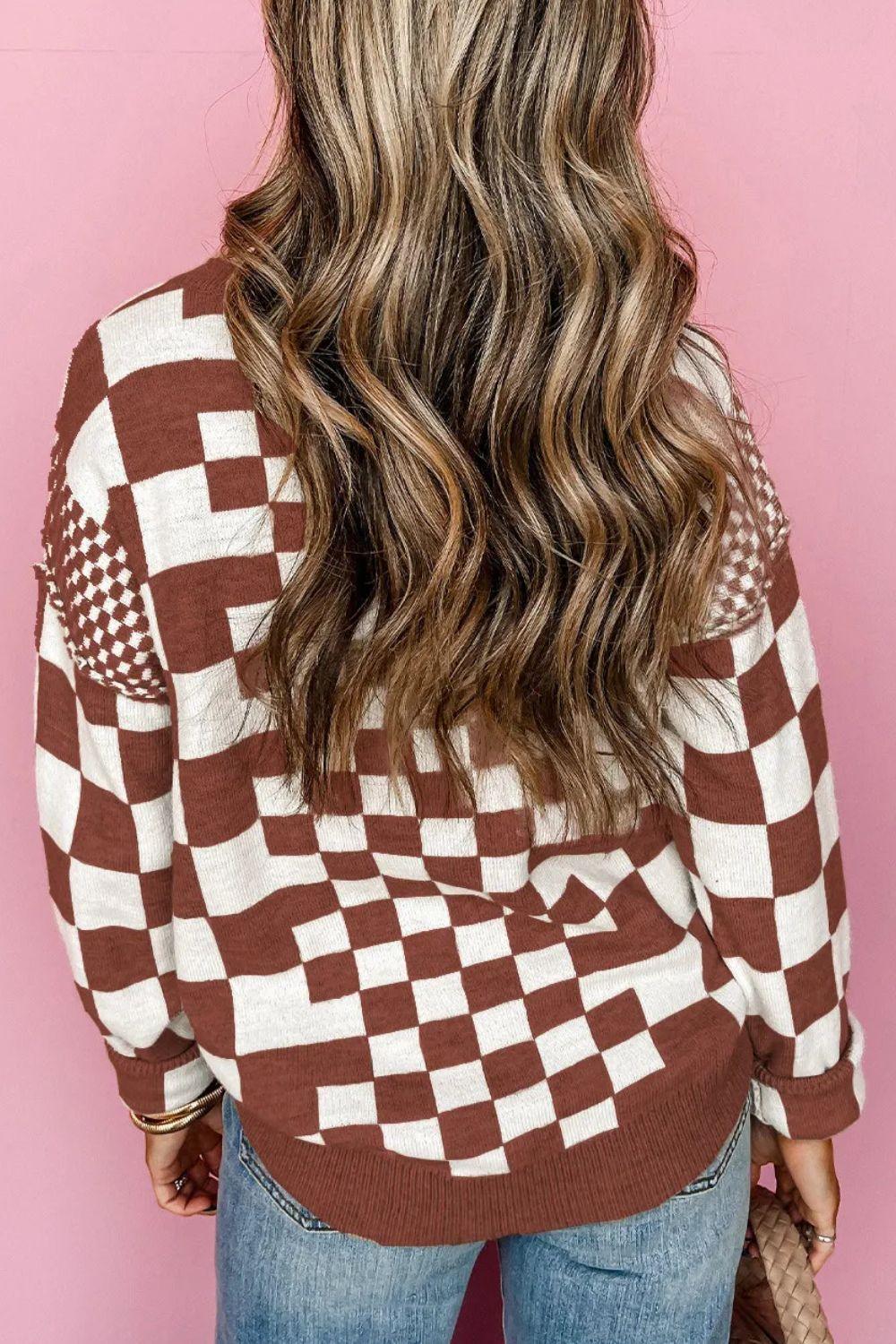 Checkered Round Neck Long Sleeve Sweater