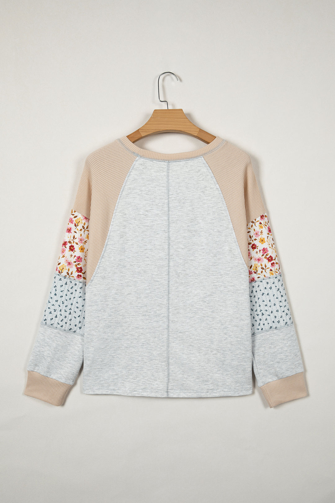 Light Grey Mixed Print Raglan Sleeve Patchwork Exposed Seam Pullover Top