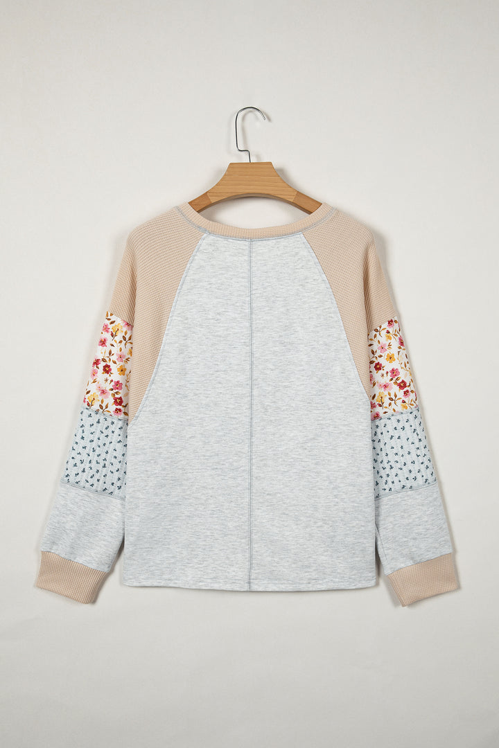 Light Grey Mixed Print Raglan Sleeve Patchwork Exposed Seam Pullover Top
