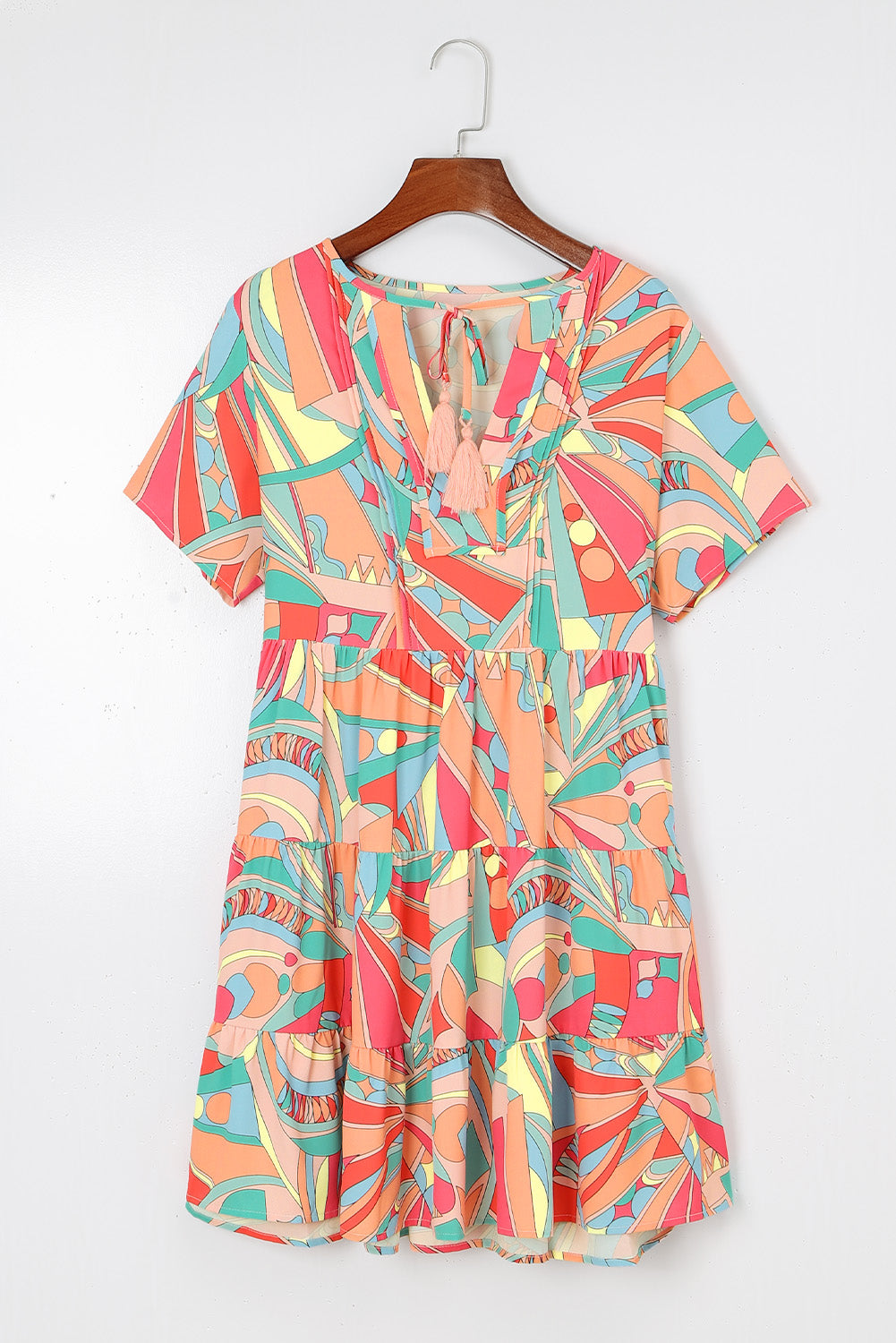 Multicolor Abstract Geometric Print Tassel Tie Flared Dress