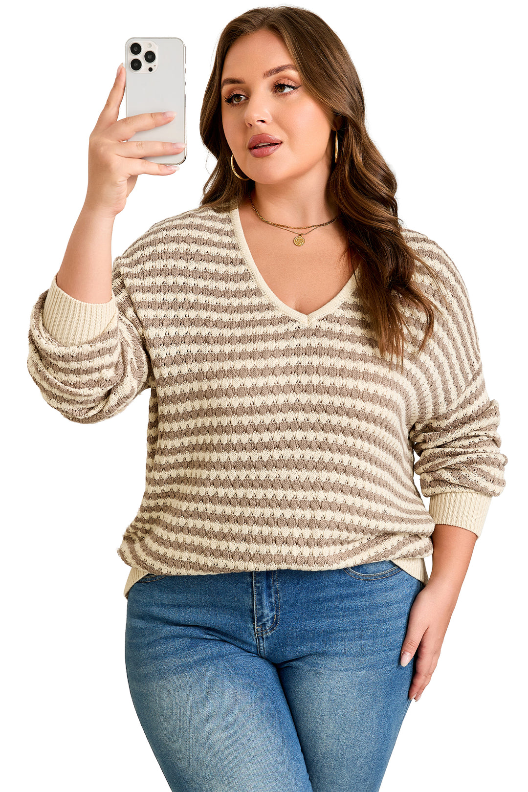 Khaki Stripe Plus Size V Neck Drop Shoulder Sweater
