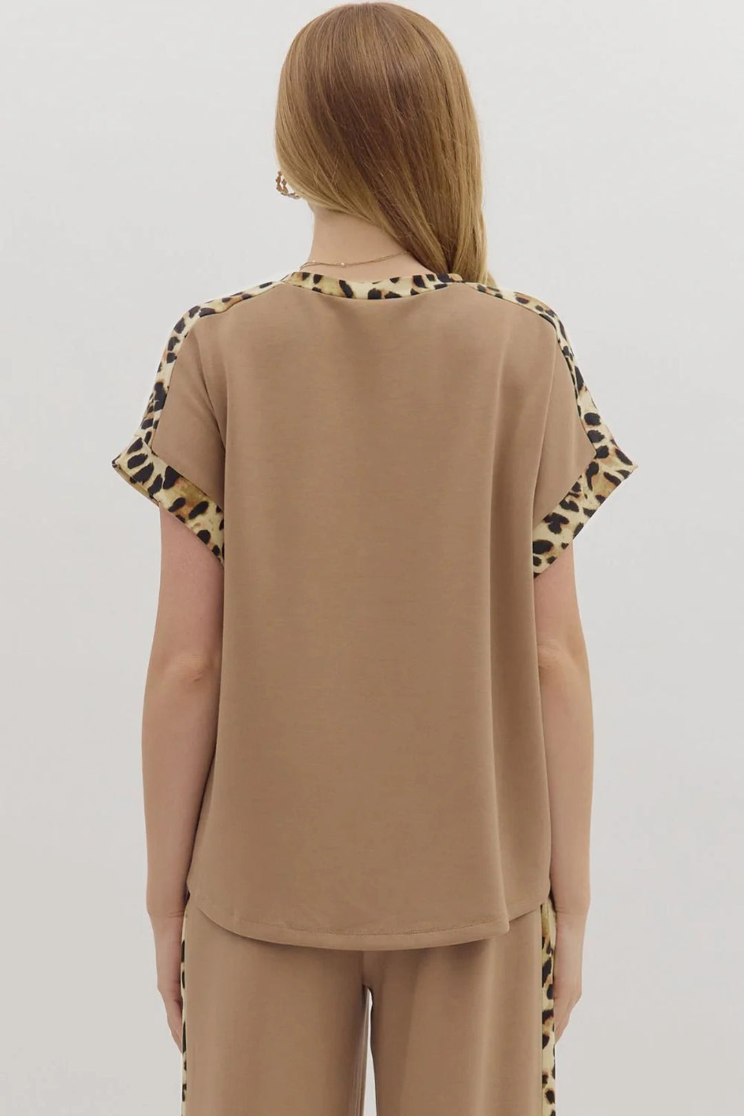 Light French Beige Leopard Trim Round Neck Loose T Shirt