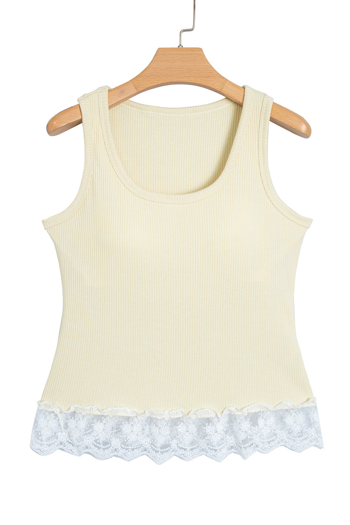 Beige Ribbed Knit Sweet Lace Hem Vest