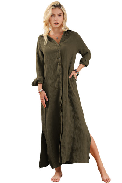 Green Crinkle Button Up Casual Split Shirt Maxi Dress