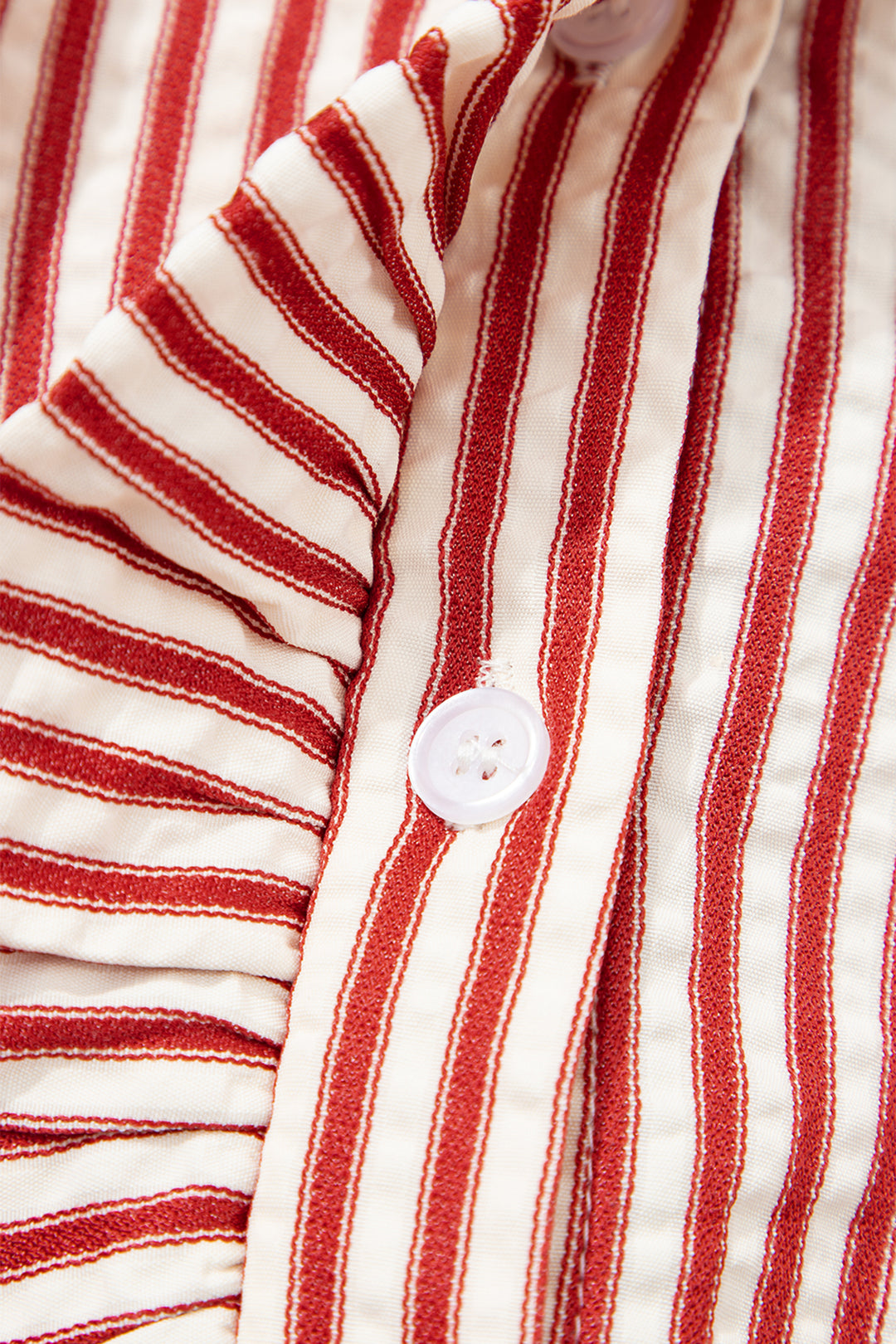 Red Stripe Textured Ruffle Trim Button-Up Long Sleeve Shirt