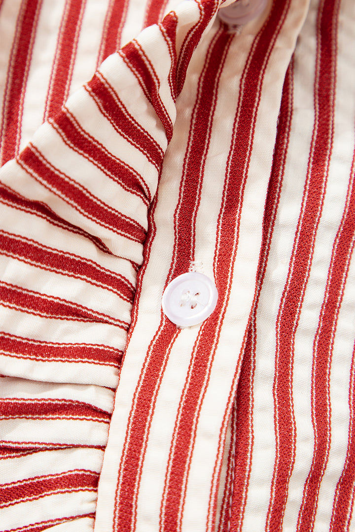 Red Stripe Textured Ruffle Trim Button-Up Long Sleeve Shirt