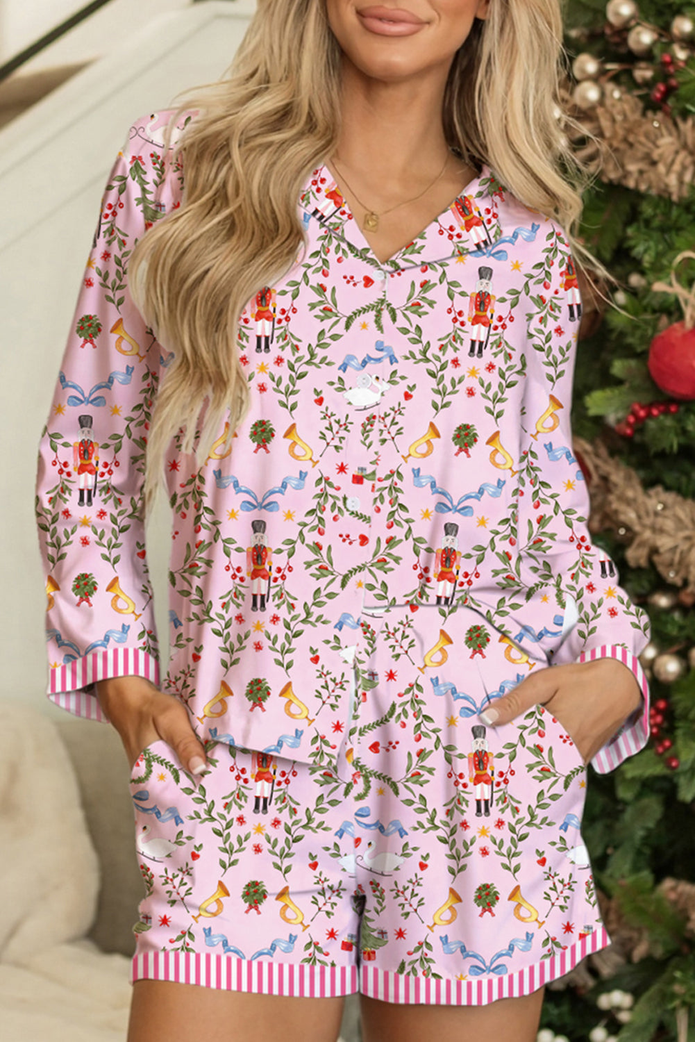 Pink Christmas Holiday Print Nutcracker Long Sleeve Shorts 2pcs Pajama Set