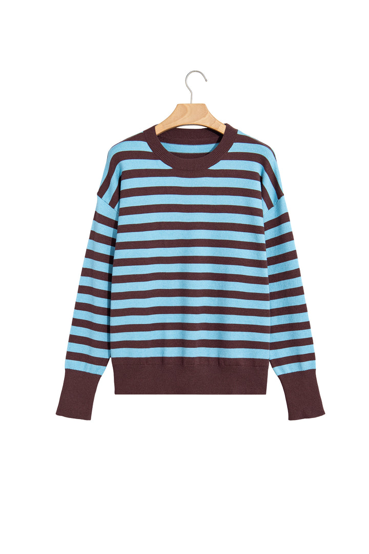 Brown Stripe Color Block Loose Crew Neck Cuffed Sweater