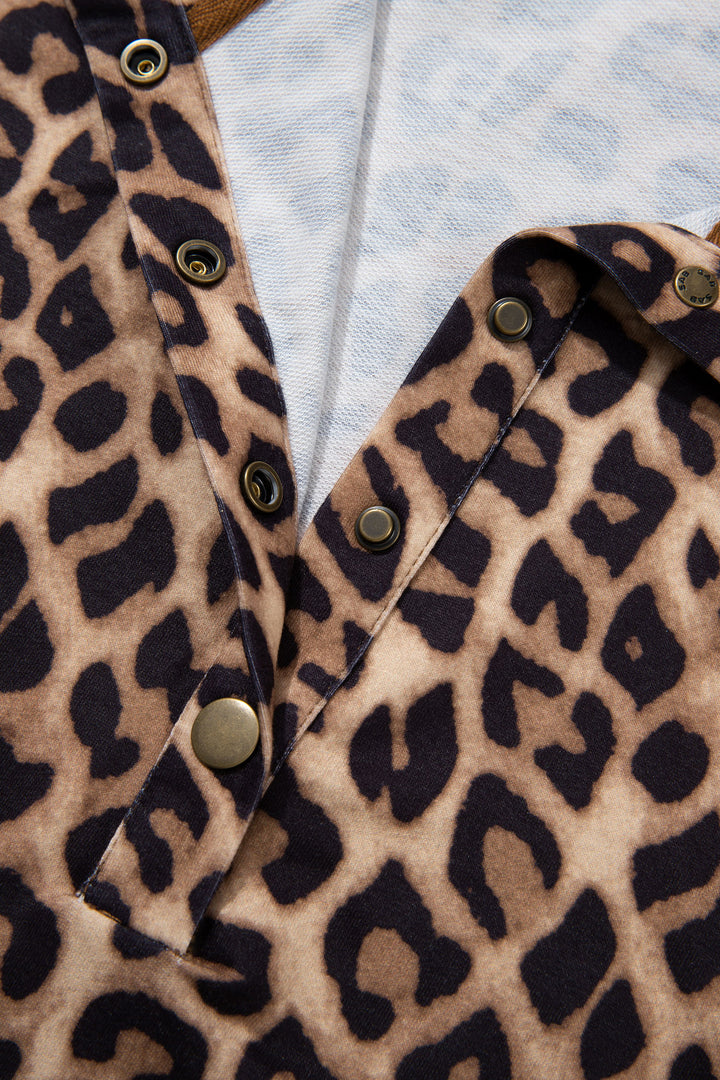 Khaki Buttoned Collar Short Sleeve Shift Leopard Dress with Pockets