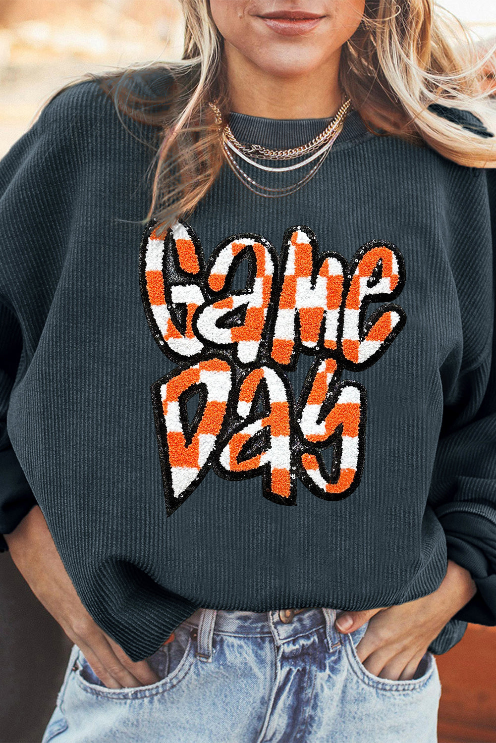 Dark Blue Chenille Checkered Game Day Graphic Drop Shoulder Corded Sweatshirt