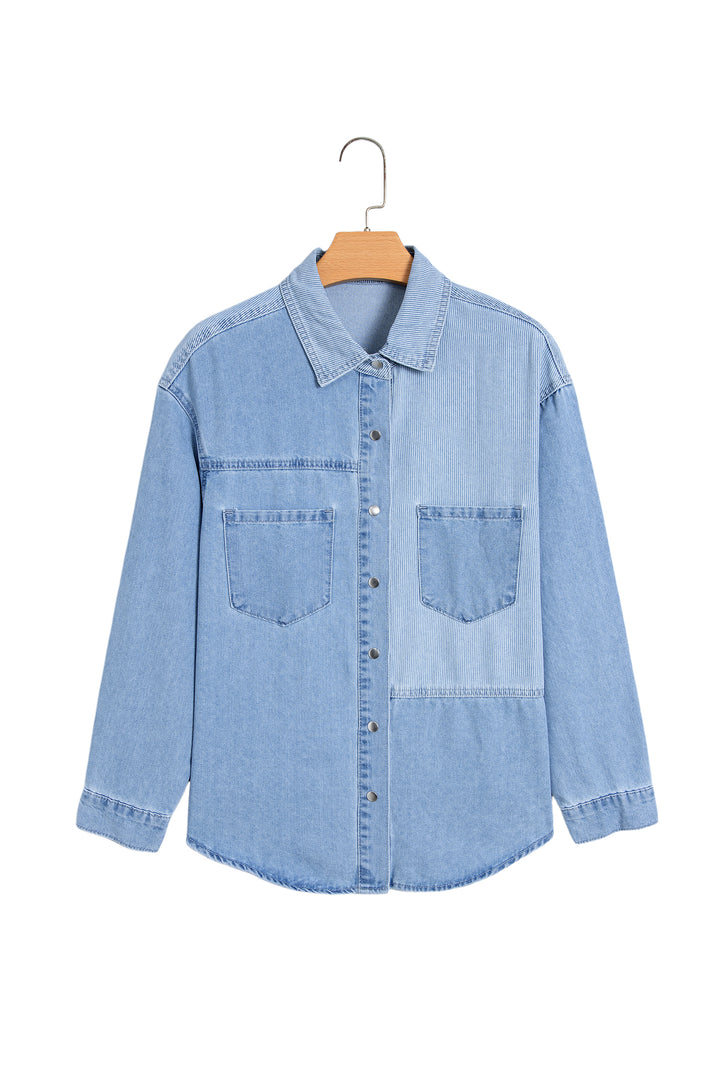 Beau Blue Lightweight Denim Striped Patchwork Button Down Shacket