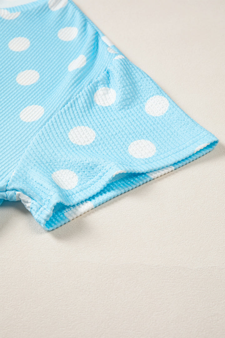 Pink Polka Dot Round Neck Drop Shoulder Patch Pocket Jacquard Texture Top
