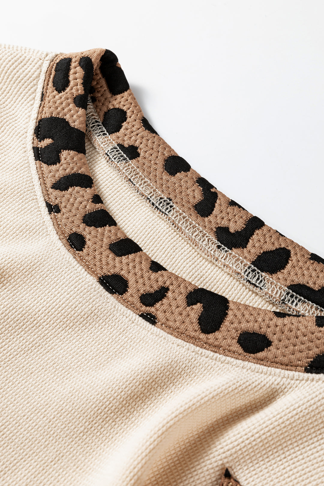 Beige Contrast Leopard Star Patchwork Detail Raw Seam Baggy Sweatshirt