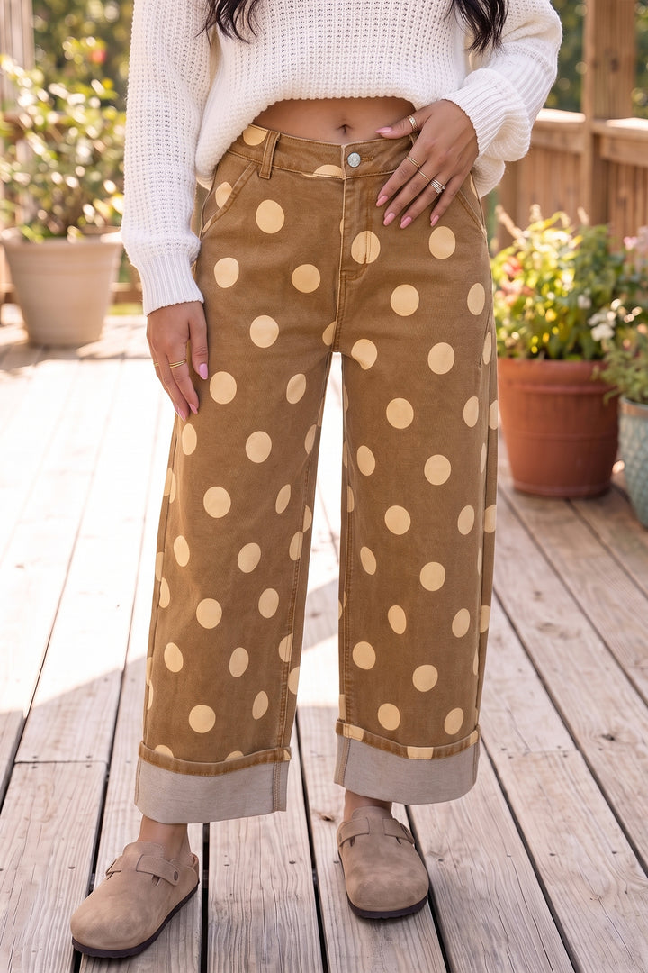 Sky Blue Polka Dot Ankle-Length Metal Button Casual Jeans