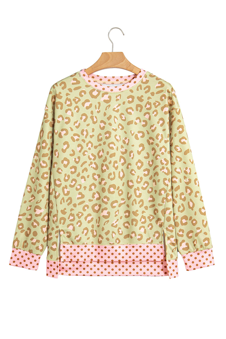 Khaki Leopard Polka Dot Colorblock Trim Long Sleeve Top