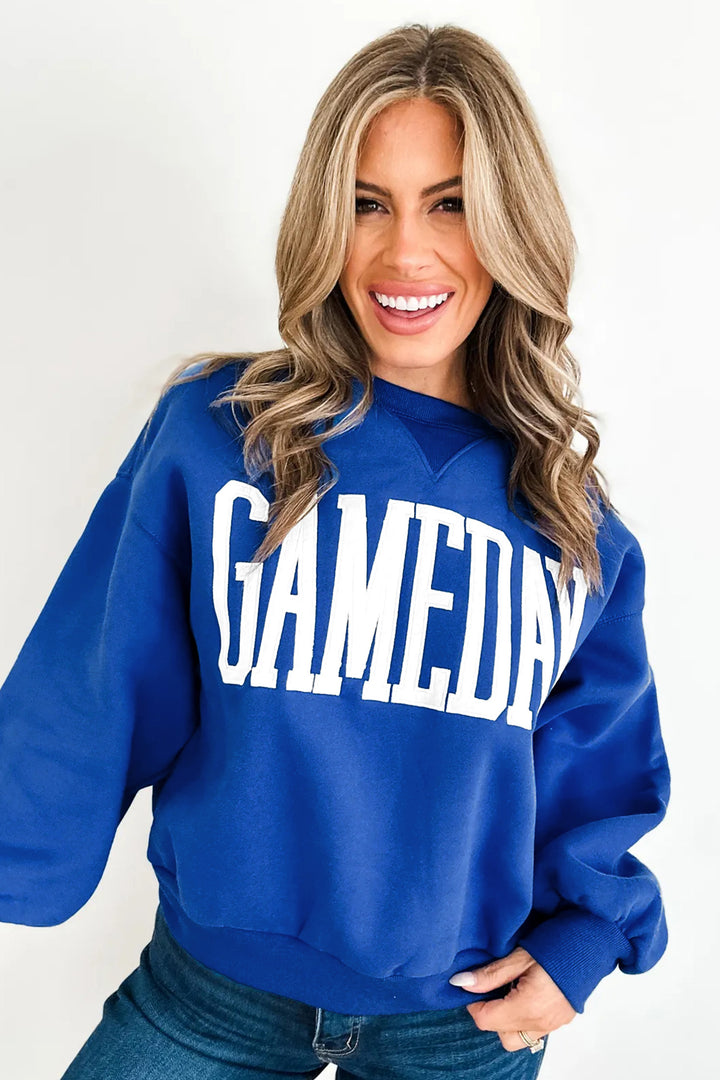 Sky Blue GAMEDAY Embroidered Patch Pattern Casual Shift Sweatshirt