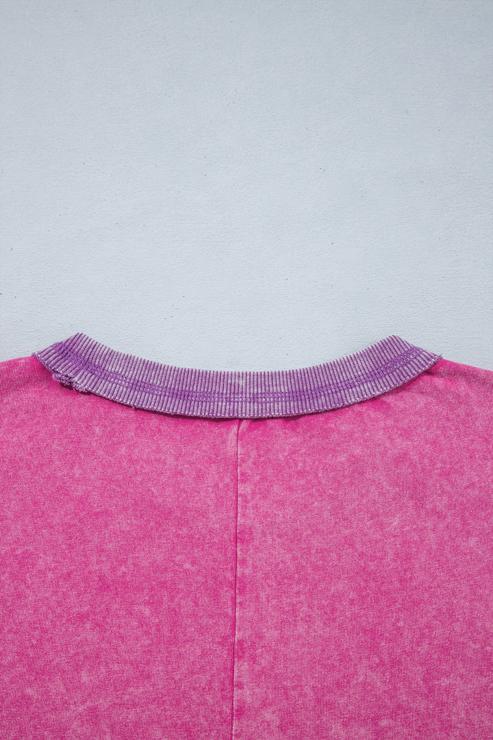 Strawberry Pink Mineral Wash Color Block Trim Bracelet Sleeve Pullover Top