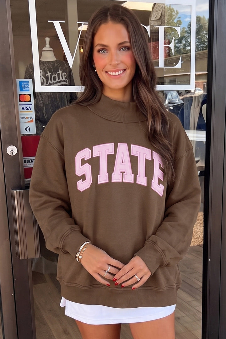 Coffee Exposed Seam Mock Neck STATE Letter Graphic Loose Sweatshirt