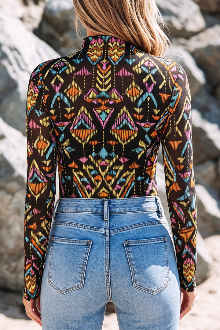 Color black Abstract Print Long Sleeve Stand Neck Mesh Top