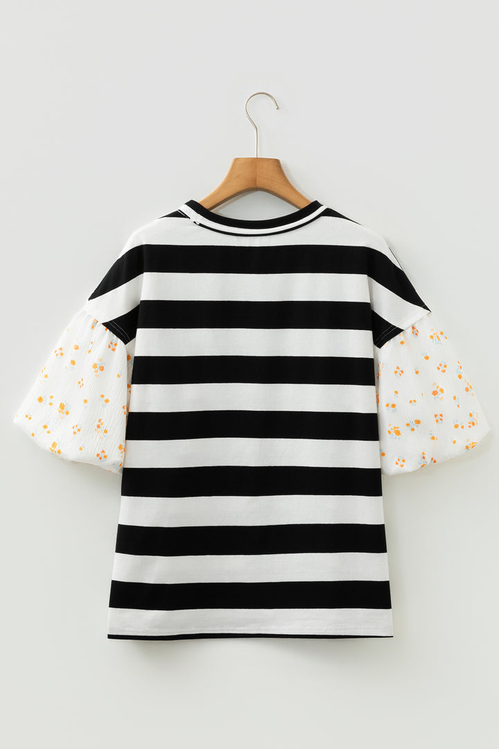 Black Stripe Floral Print Puff Sleeve Patchwork Blouse