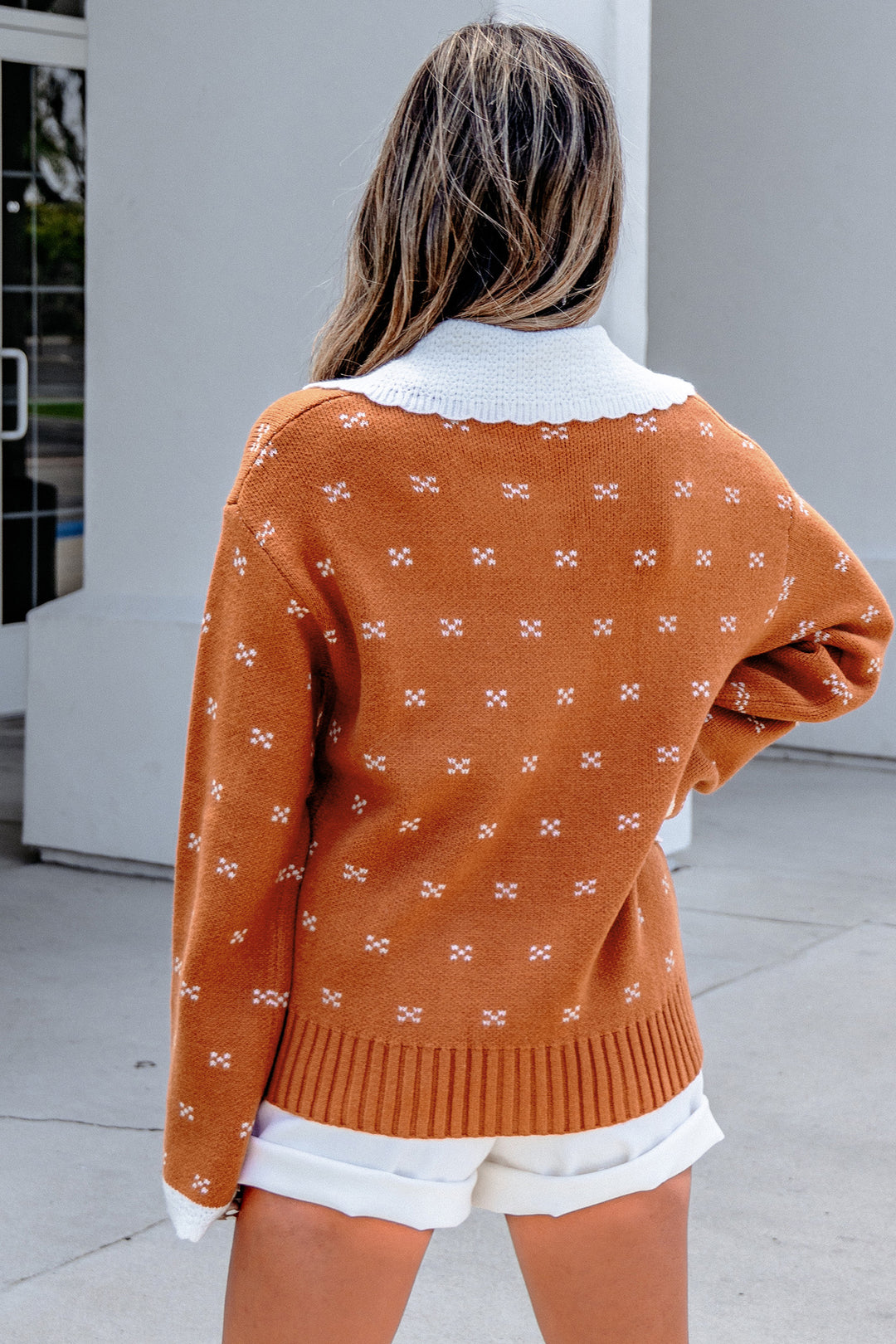 Russet Orange Peter Pan Collar Colorblock Long Sleeve Knitwear Cardigan
