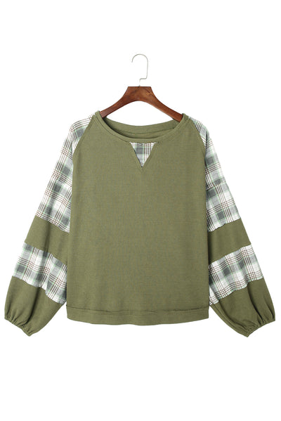 Green Plaid Patch Waffle Knit Exposed Seam Bubble Sleeve Top