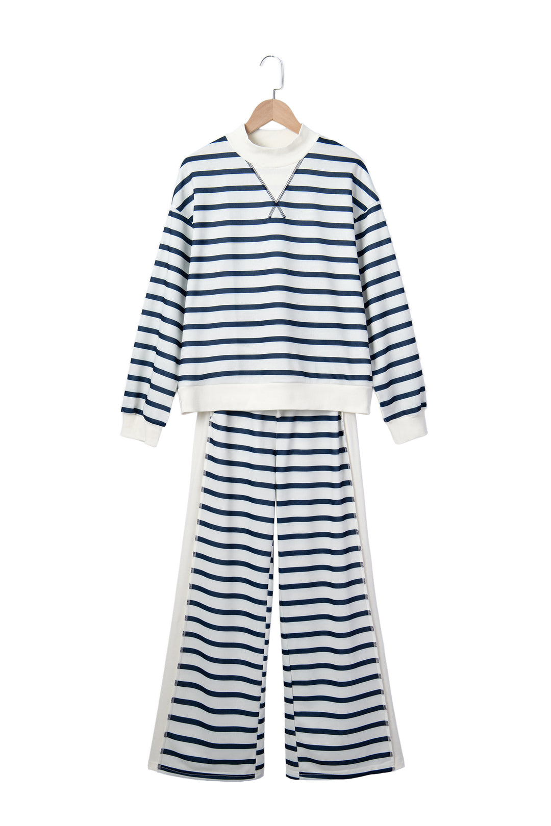 Blue Stripe Striped Ribbed Cuff Collar Pocket Loose Pant Set