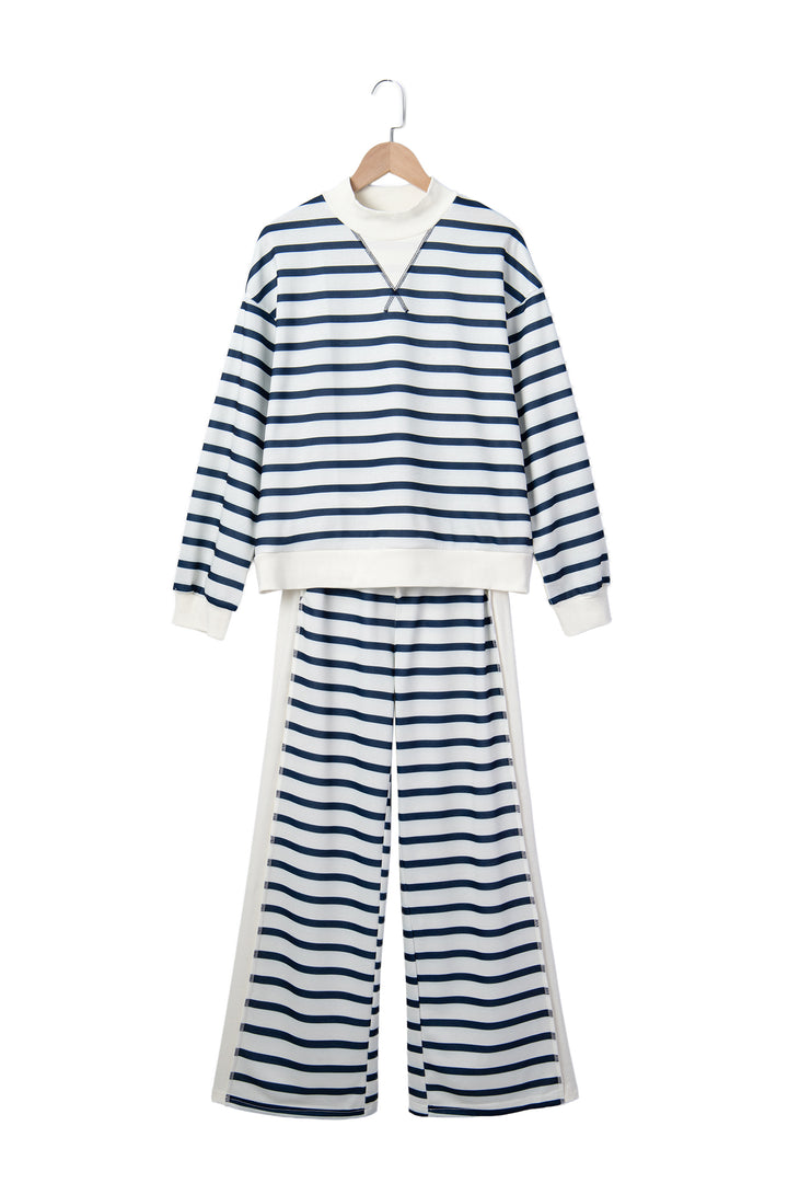 Blue Stripe Striped Ribbed Cuff Collar Pocket Loose Pant Set