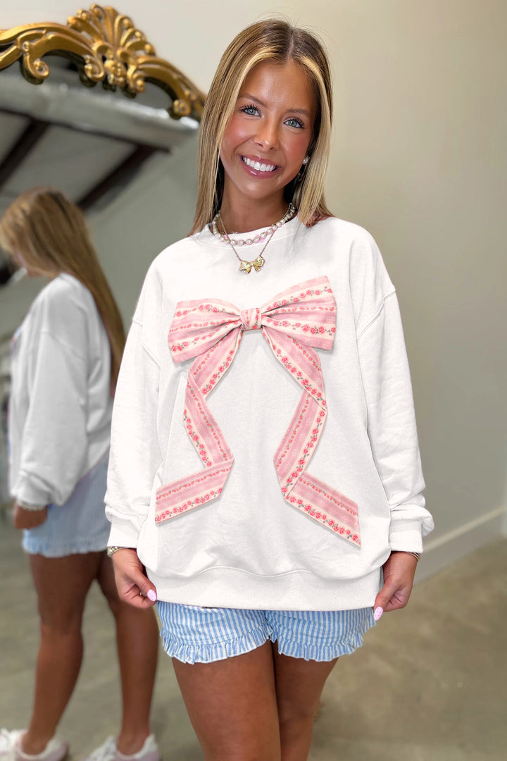 White Floral Bow Decoration Drop Shoulder Long Sleeve Top