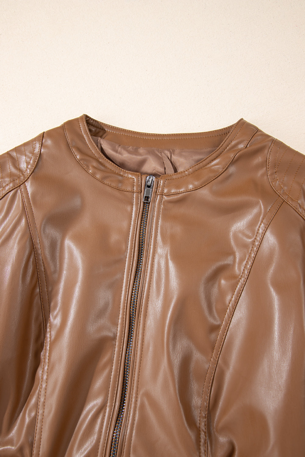 Chestnut Solid Faux Leather Zipper Slim Fit Bomber Jacket