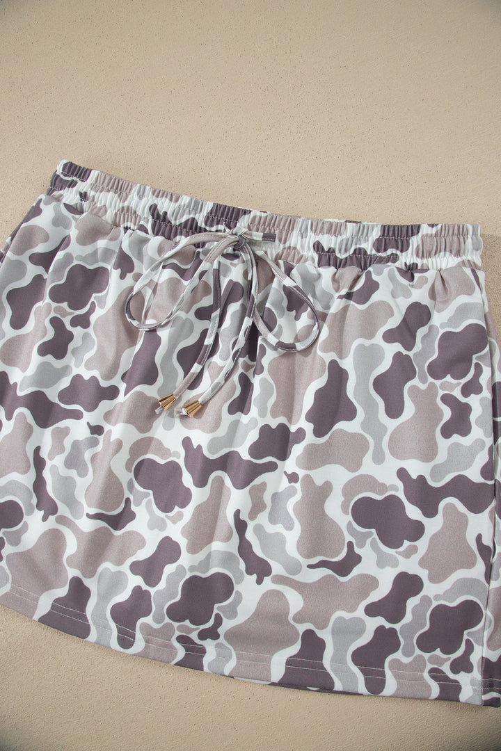 Sky Blue Abstract Camo Elastic Waist Drawstring Mini Skort