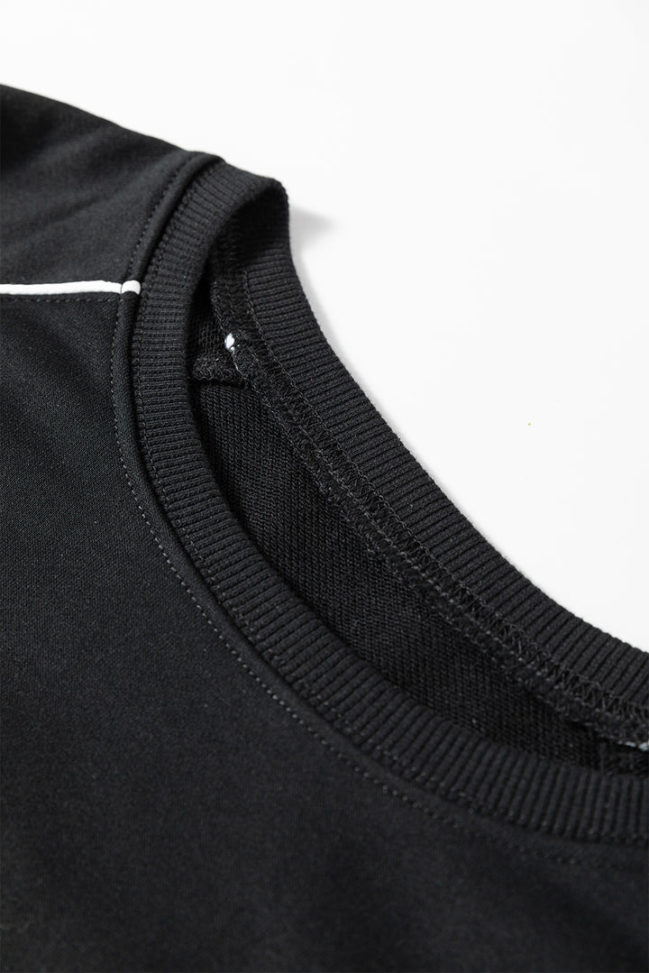 Black Contrast Piping Crewneck Pullover Mini Skirt Set