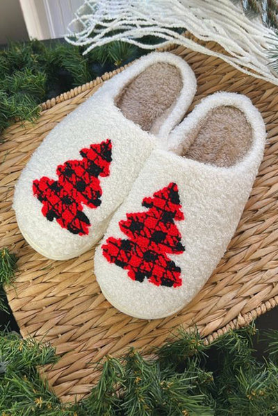 White Fuzzy Tree Pattern Christmas Fashion Home Slippers