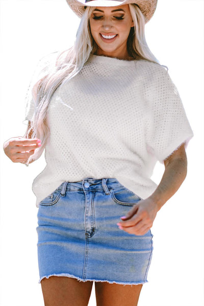 White Fuzzy Eyelet Knitted Sweater T-shirt