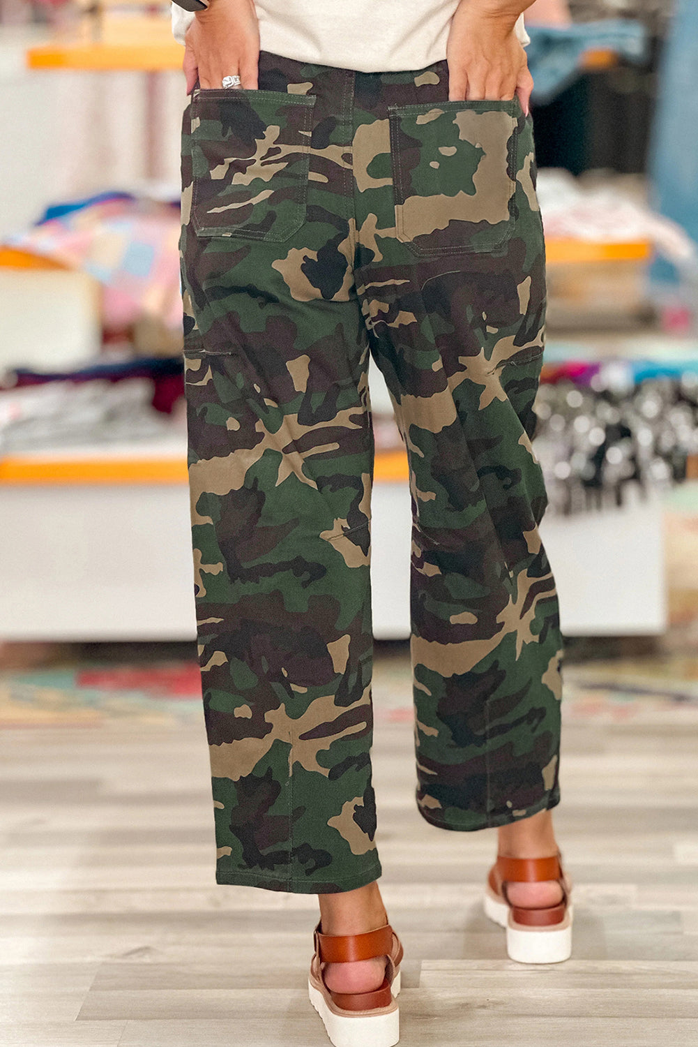 Green Camouflage Print Drawstring Patch Pocket Barrel Jeans