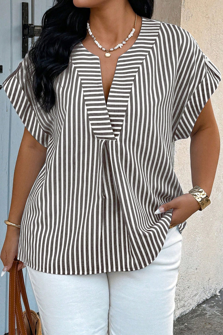 Black Stripe Plus Size V Neck Roll-tab Short Dolman Sleeve Blouse