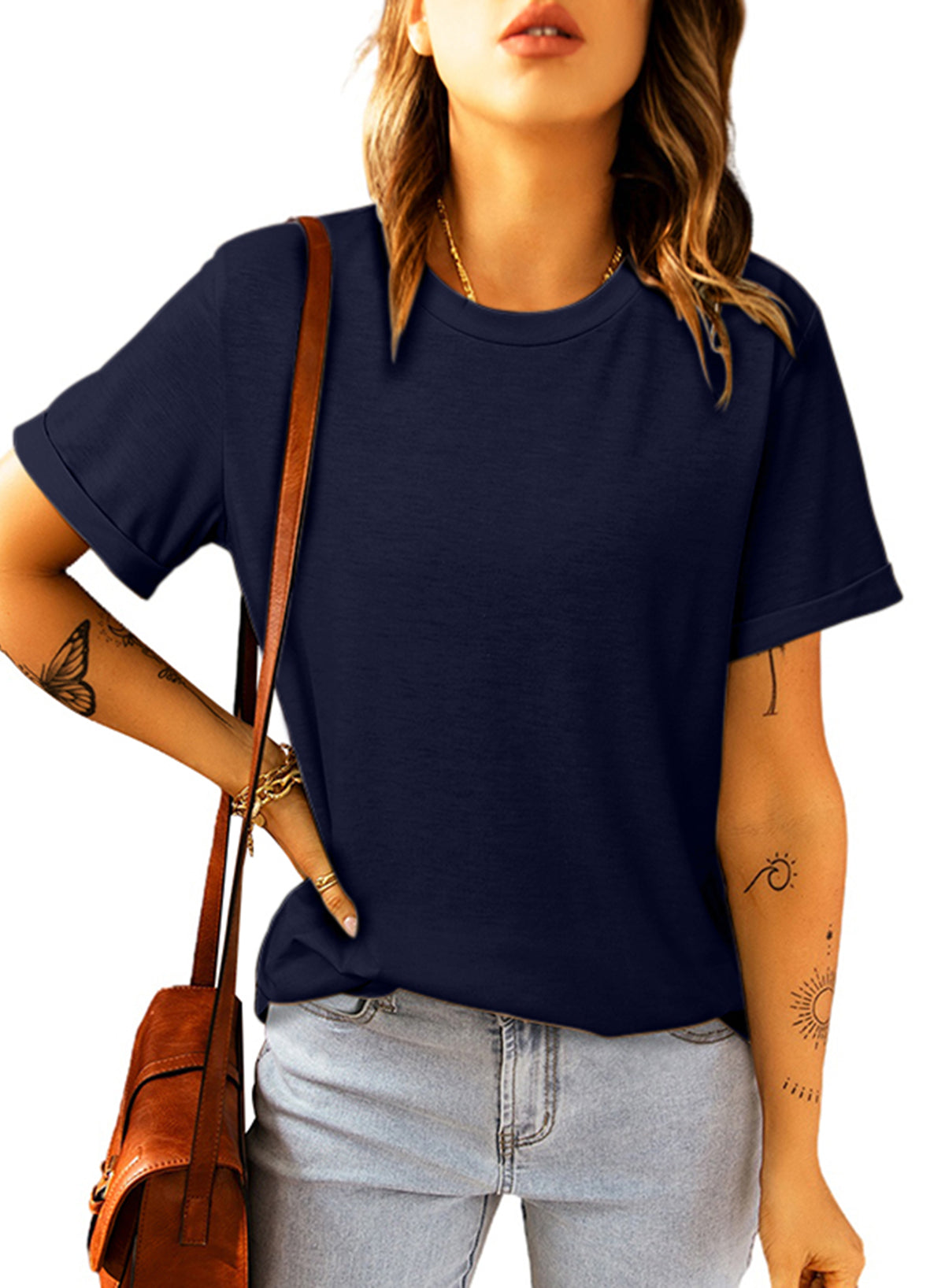 Blue Solid Color Crew Neck Tee