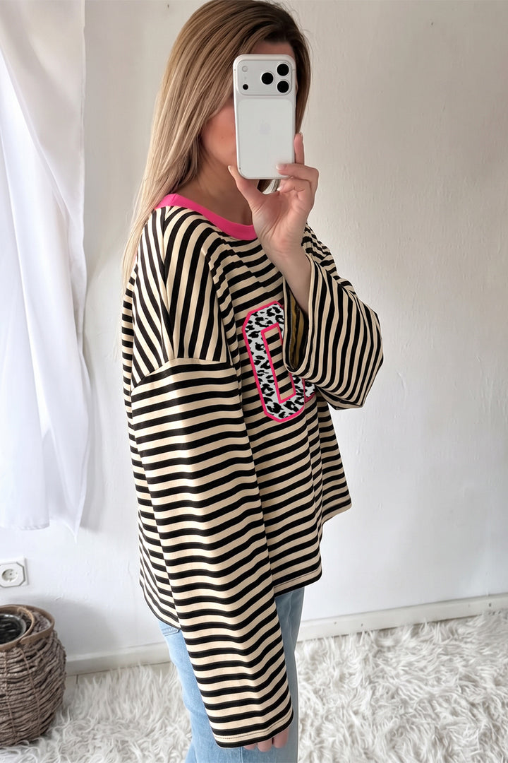 Beige Stripe Leopard Accent CIAO Letter Graphic Long Sleeve Shift Top