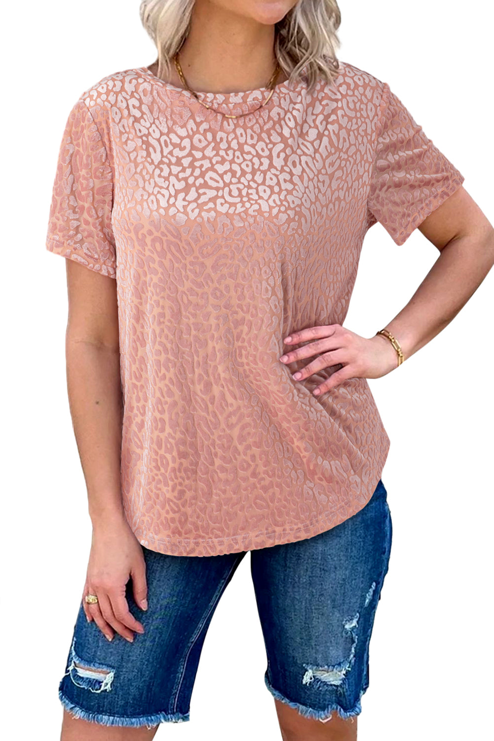 Pink Burnout Velvet Leopard Print Short Sleeve Top