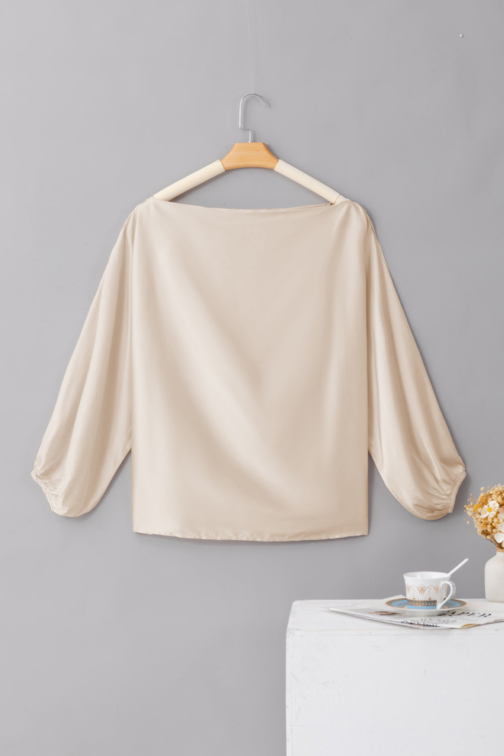 Apricot Asymmetrical Neck Balloon Sleeve Satin Blouse