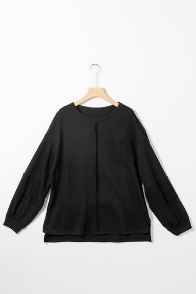 Black Exposed Seam Patchwork Bubble Sleeve Waffle Knit Top