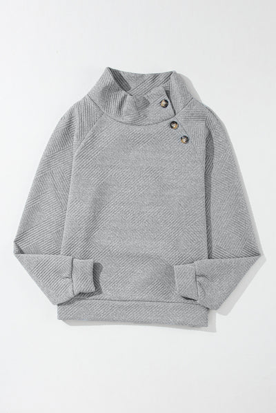 Gray Asymmetric Buttons Detail High Neck Textured Sweatshirt