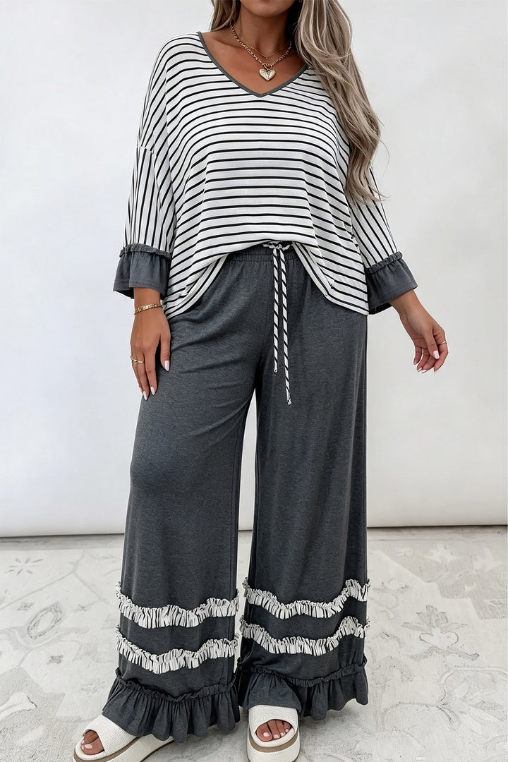 Gray Stripe Ruffled Bracelet Sleeve V Neck Plus Size Top